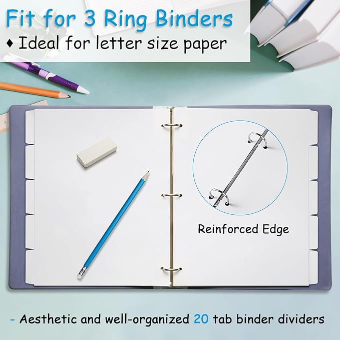 Binder Dividers for 3 Ring Binder, 1/5 Cut Tabs, Letter Size, Blank Write On Page Dividers with 5 Big Tabs for School Office Home, 4 Sets, 20 Dividers, White