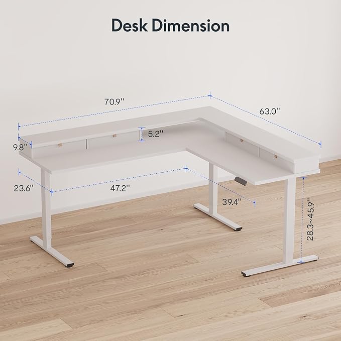 FLEXISPOT 71" Large L Shaped Standing Desk Electric Corner Table with Shelf, 4 Storage Drawers, Adjustable Computer Workstation for Home, Office, Game, Studio, White Top + White Frame