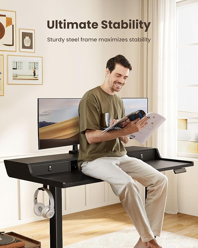 ErGear Electric Standing Desk with Drawers, 63″ x 28″ Gaming Table Compatible Monitor Stand, Stand up Desks, Home Office Height-Adjustable Desk with Storage Shelf, 4 Preset Heights, Black