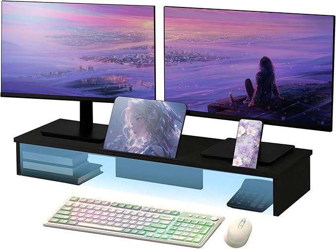 Qupui Dual Monitor Stand Riser with LED Lights and Phone Tablet Holder, 35.8in Large Monitor Stand for Desk, Computer Monitor Stand for 2 Monitors, Desktop Shelf Organizer for Laptop, Printer, TV