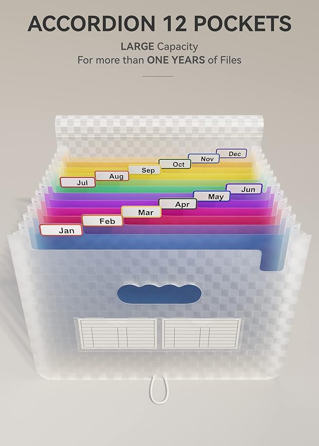 ABC life 12-Pocket Accordion File Organizer, Expandable File Folder with Colorful A-Z Tabs, Portable Bill & Receipt Organizer, Desktop Letter/A4 Document Storage for Home & Office-Blue