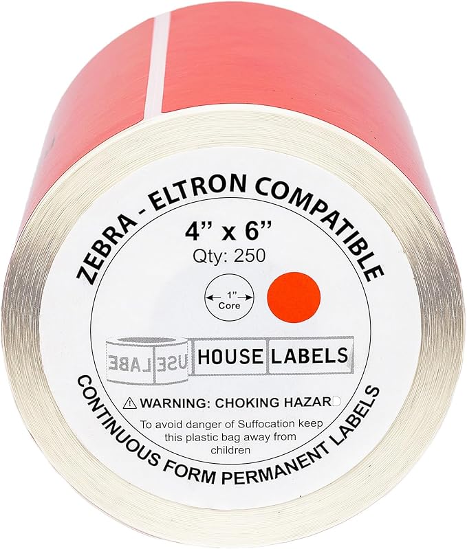 HOUSELABELS 4" x 6" Red Shipping Labels on 1" Core Compatible with Zebra and Rollo Printers, 11 Rolls / 250 Labels per Roll
