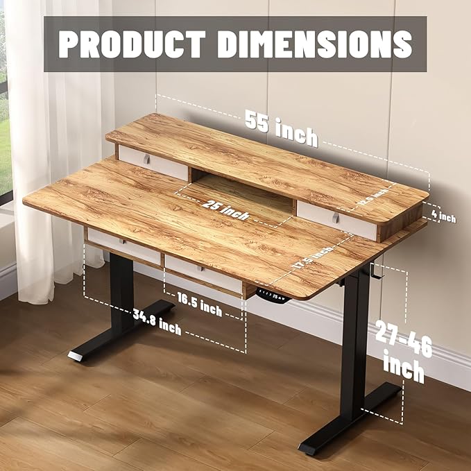 ExaDesk 55 * 30 Inches Electric Standing Widened Desk Adjustable Height with 4 Drawers, Double Storage Shelves Stand Up Desk, Home Office Workstation Sit Stand up Desk (Light Rustic Brown)