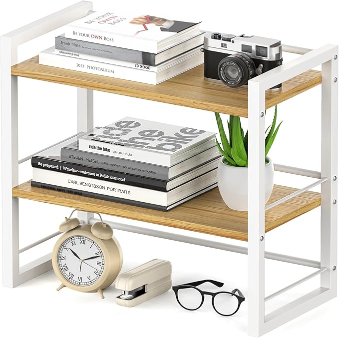 ART-GIFTREE Office Desk Shelf Organizer, Wood Desktop Bookshelf Supplies Storage Rack, Shelf for Top of Desk and Dresser (White-2 Tier)