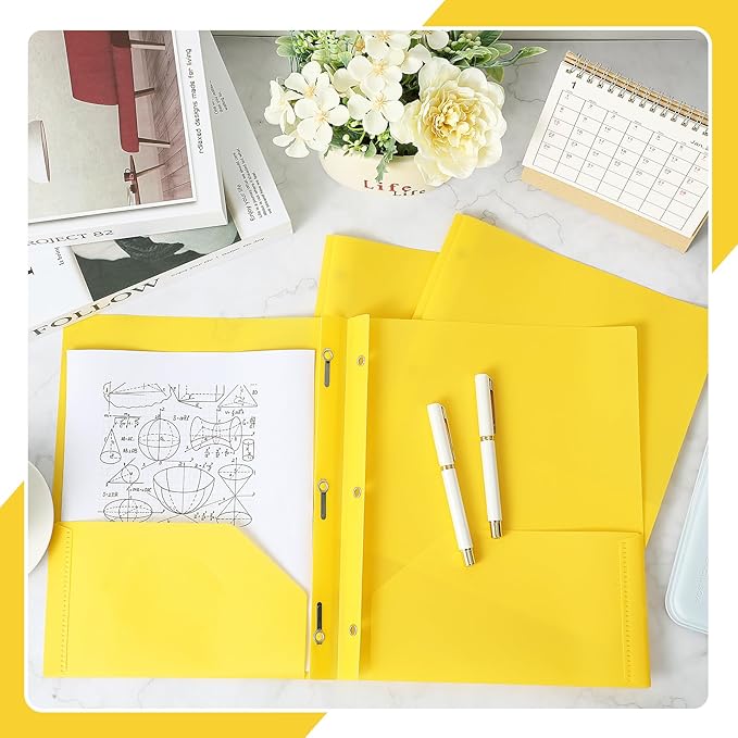 Lincia 100 Pcs Plastic Folders with Pockets and Prong Folders with Prongs 2 Pockets for Office, School for Students, Teachers, Office Workers(Yellow)