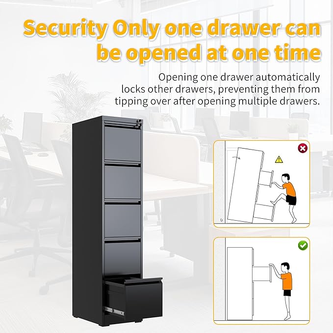 Reegangfa 5 Drawer File Cabinet with Lock, 18" D Metal Vertical File Cabinets, Steel File Storage Cabinets for Home Office, Hanging A4 Legal/Letter Size Narrow Filing Cabinet, Assembly Required