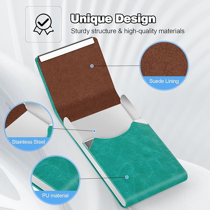 Business Card Holder for Women or Men, Business Card Case with PU Leather and Stainless Steel, Slim Metal Case with Magnetic Closure for Business Meeting Use