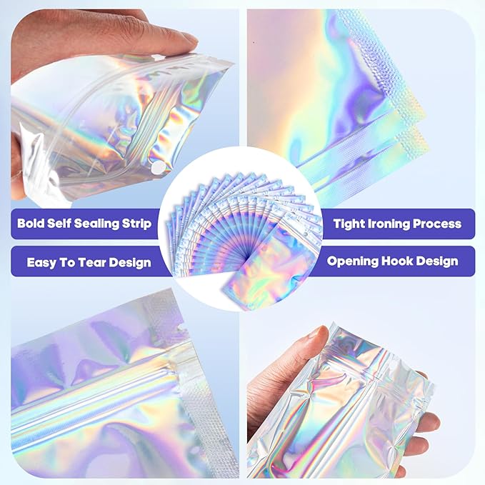 100pcs 6x9 inch Holographic Resealable Packaging Bags for Small Business Supplies- Cute Small Plastic Color Smell Proof Ziplock Foil Pouch Baggies for Lip Gloss Soap Party Food Storage