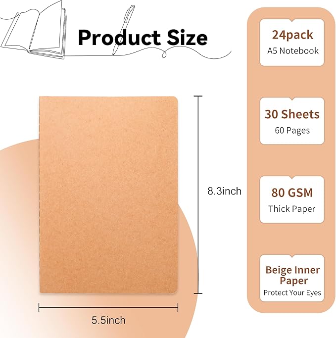 miikoul 24 Pack Blank Kraft Notebooks, 8.3"x5.5" A5 Small Journal Bulk Blank Notebooks 80 Gsm Unlined with 60 Pages A5 Subject Notebooks Traveler Journal Set for Adult Students Office School Supplies