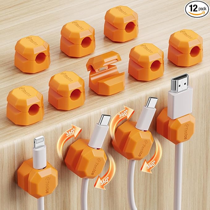 12 Pack Rotatable Cable Clips,Spring Cord Organizer Desk Cable Management Cord Holder Adhesive Phone Charger Cord Clips for Home Office Car Wall Nightstand Accessories Orange