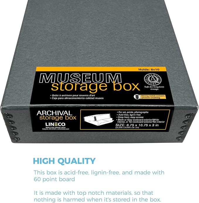 Lineco Museum Archival Storage Box, 8.75x10.75x3 in. Drop Front Design. Acid-Free with Metal Edge. Organize Photos, Pictures, Prints, Documents, Crafts, DIY. Gray, 2 Pack