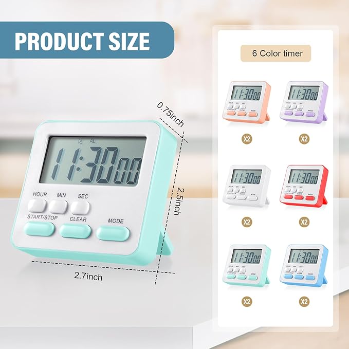 Weewooday 12 Pcs Digital Kitchen Magnetic Timer Bulk Classroom Count up Countdown Timer Large Digits Egg Loud Alarm Cute Desk Stopwatch for Teacher Kids Cooking Office(Pastel Colors,Classic Style)