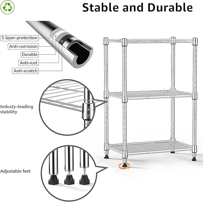 M MZG 450 lbs Wire Storage Shelving 3-Tier Utility Shelving Unit Steel Organizer Wire Rack for Home,Kitchen,Office,Chrome(11.8" D x 17.7" W x 26.4" H)