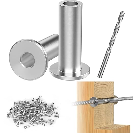 Steel DN Mate 120 Pack Stainless Steel Protector Sleeves for 1/8" Wire Rope, Cable Railing Hardware for Deck/Cable Railing System, T316 Marine Grade, Cable Sleeves Come with a Drill Bit DE100