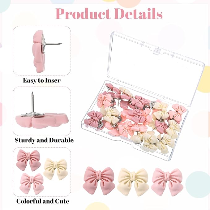 30 Pcs Bow Push Pins, Cute Bow Push Pins, Pink and Cream Yellow Decorative Thumb Tacks for Cork Board, Bulletin Board, Photo Wall, Posters, Map, Office, School Decor (Bows)