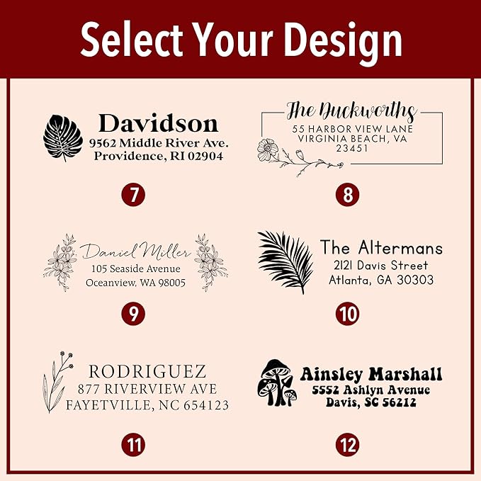 Custom Floral Address Stamp | Choose from 12 Designs | Multiple Ink Color Options | Envelope Return Address Stamp for Couple or Family (Design 6, Large)