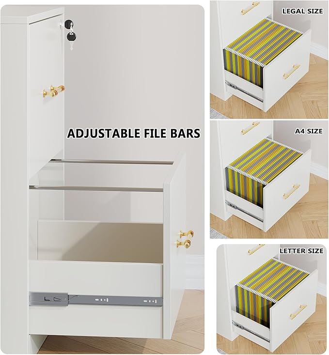 GFGWXW 2 Drawer Vertical File Cabinet with Lock, Suitable for Letter/A4/F4/Legal Size Hanging Files,Small Wood Filing Storage Cabinets Printer Stand for Home Office,White