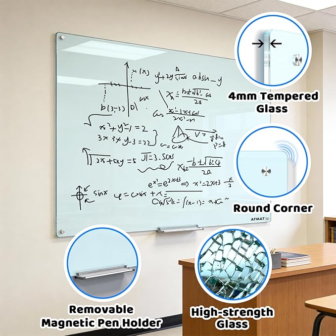 AFAMT Magnetic Dry Erase Board, 40" x 60" Glass Whiteboard, 4mm Tempered Glass, Strong Magnetic Surface, No Ghosting, Large Frameless Mounted Glass White Board for Office, Home, School