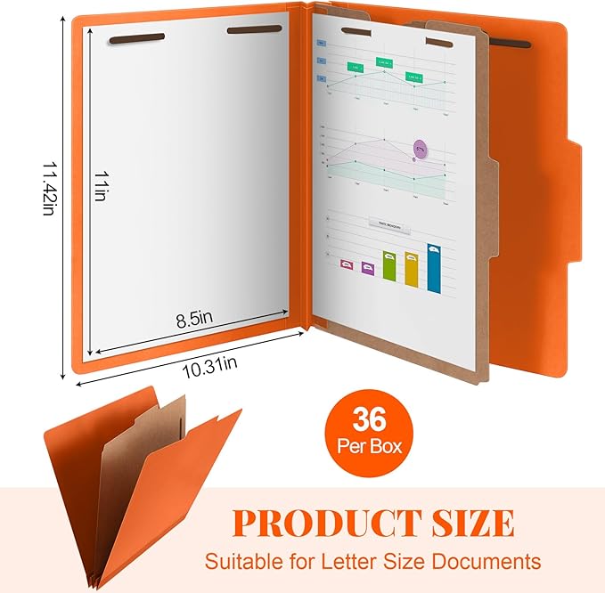 Skyygemm 36 Pcs Classification Folders Letter Size, 1 Divider Pressboard File Folder with Fasteners, Expanding File Organizer Bulk for School Teachers, Office Employee, Coworker, Staff (Orange)