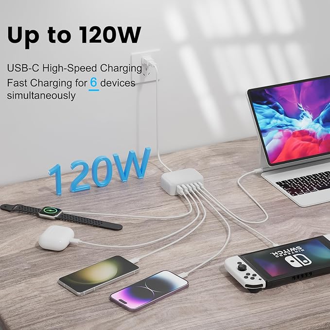 USB C Charger Block, 120W 6 Port USB Charging Station,Multiports with 4 USB C and 2 QC USB A,Portable PD Fast Wall Charger for iPhone16/15/14/13/12/11 Pro Max,iPad,iWatch,Pixel Samsung Galaxy