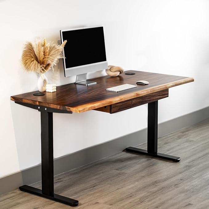 Standing Desk with Drawer – Walnut Solid Wood Desk, Natural Live Edge, Adjustable Height Dual Motor, Sit Stand for Home Office (Black, W60 x D27)