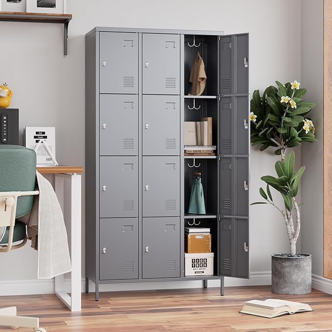 SUPEER Metal Lockers for Employees with 12 Door and 12 Hooks,Metal Storage Locker with Lock for School Office Gym Bedroom,Assembly Required,Dark Grey
