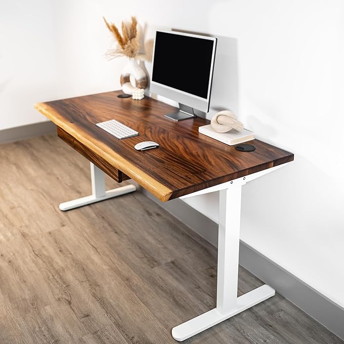 Standing Desk with Drawer – Walnut Solid Wood Desk, Natural Live Edge, Adjustable Height Dual Motor, Sit Stand for Home Office (White, W48 x D27)