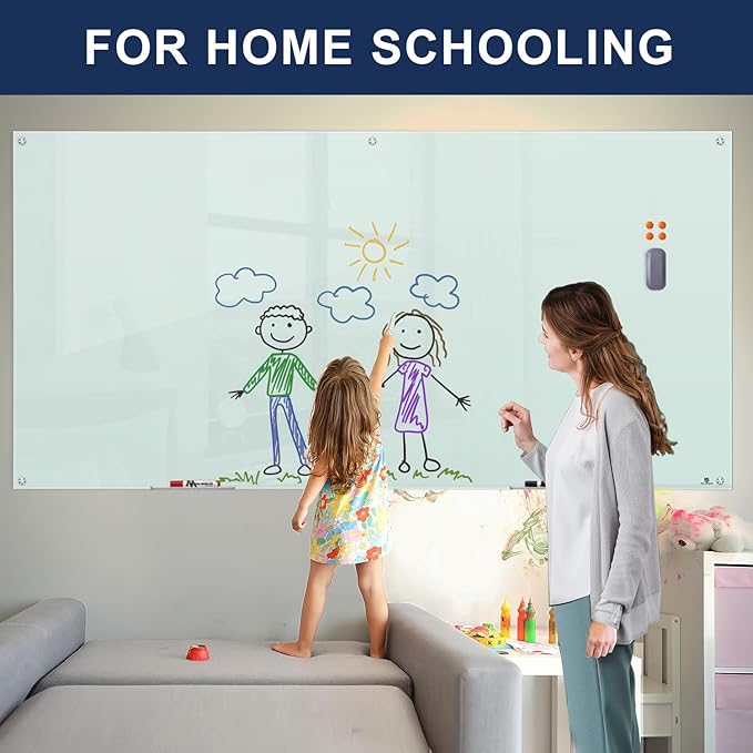 TSJ OFFICE Glass Dry-Erase Board - 8 x 4 Ft Wall Mounted Glass Magnetic Whiteboard, 96" x 48" Extra Large Frameless White Board for Office, Home & School