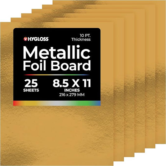 Hygloss Metallic Cardstock Sheets – 25 Shiny Gold Sheets, 8.5” x 11” - Sturdy 10 pt. – Metallic Foil Board Paper for Crafts, Scrapbooking, Posters & Decorations