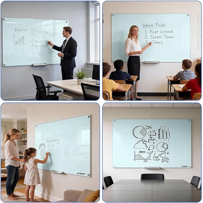 AFAMT Magnetic Dry Erase Board, 40" x 60" Glass Whiteboard, 4mm Tempered Glass, Strong Magnetic Surface, No Ghosting, Large Frameless Mounted Glass White Board for Office, Home, School