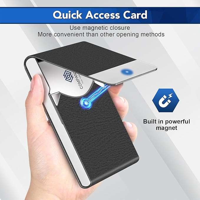 Business Card Holder with Ultra Slim Design, Business Card Case with Premium PU Leather, Suit Pocket Metal Card Holder for Women/Men, Magnetic Closure Quick Access Cards