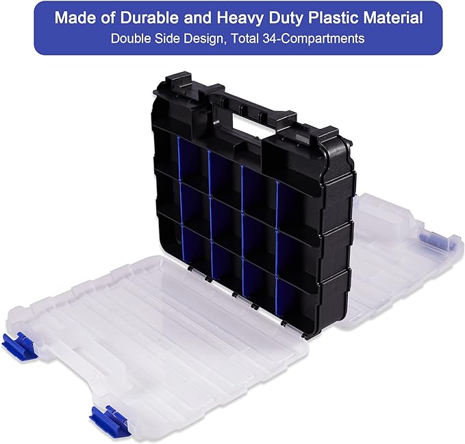 Hardware Organizer Box with 34 Compartments & Removable Dividers - Durable Plastic Double Side Tools Box for Nuts, Bolts, Screws, Nails & Small Hardware (Blue)