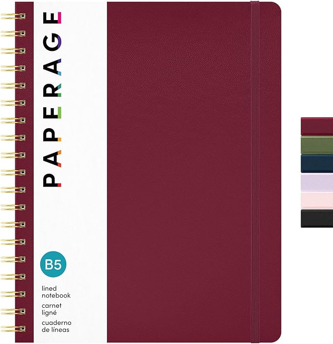 PAPERAGE Lined Spiral Journal Notebook, (Burgundy), 160 Pages, Large B5 Hardcover Journal for Women & Men, 10 in x 8.15 in - 100 GSM, Thick Paper, Spiral Notebook for Work, School & Journaling
