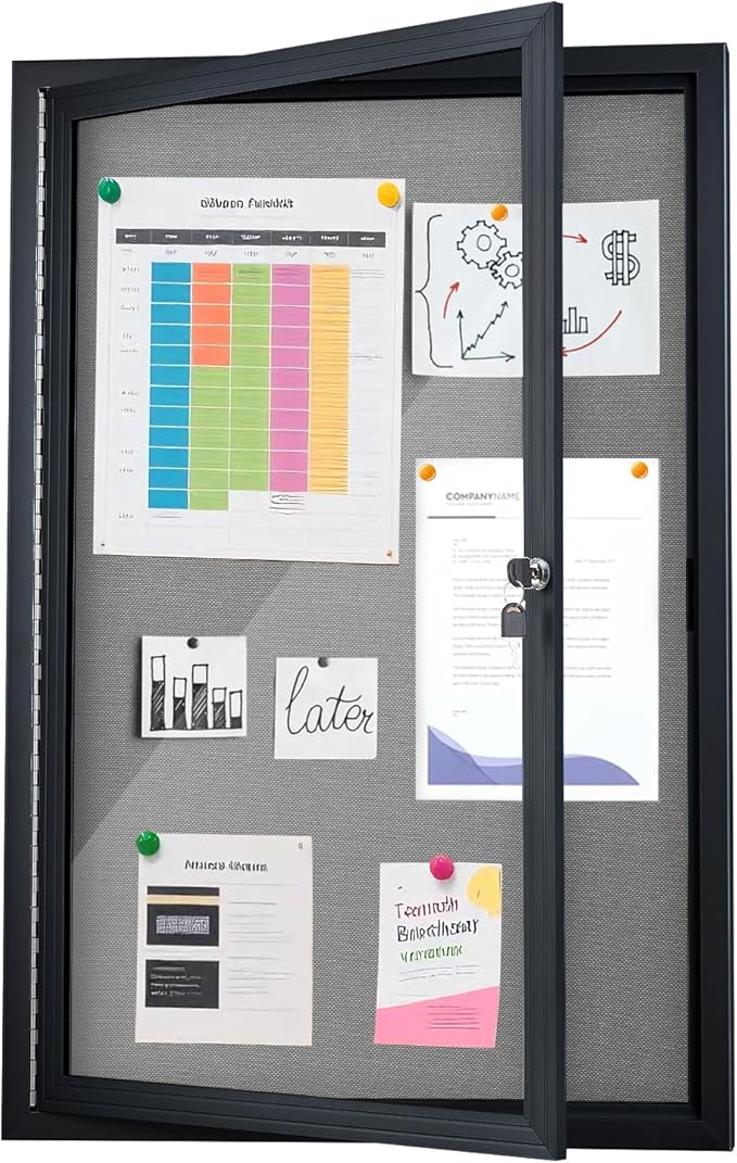 Homezelle Enclosed Bulletin Board 36"x24" Outdoor Weatherproof Cork Noticeboard with Locking Door Wall-Mounted Gray Fabric Black Aluminium Frame for Home, School, Office, Community, Hospital