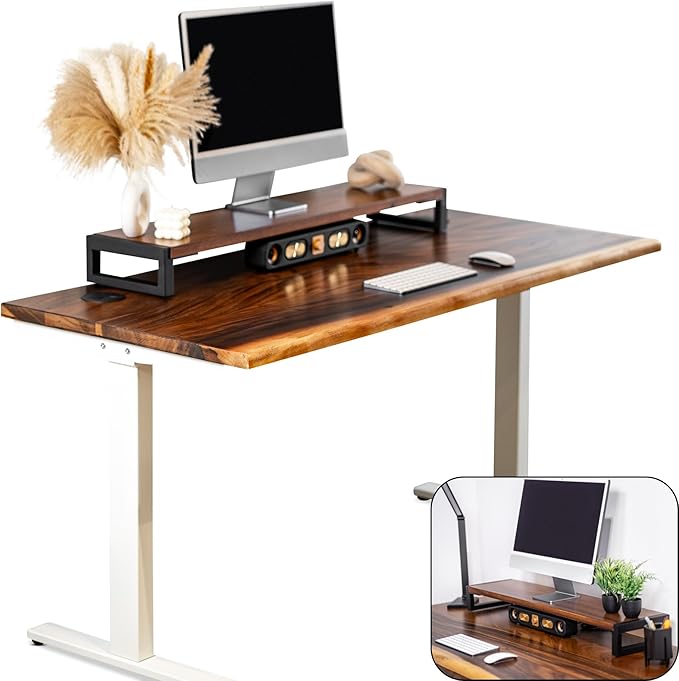 Standing Desk with Monitor Stand – Walnut Solid Wood Desk, Natural Live Edge, Adjustable Height Dual Motor, Sit Stand for Home Office (White, W48 x D27)