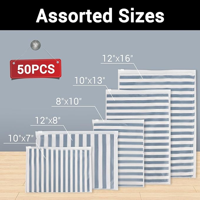 Svaldo Packaging Bags, 5 Sizes 12x16" 10x13" 8x10" 12x8" 10x7" Pack of 50, 3 Mil Thick Plastic Shipping Bags for Business Clothing Packing Craft & Hobby Storage, Frosted, with Vent Hole