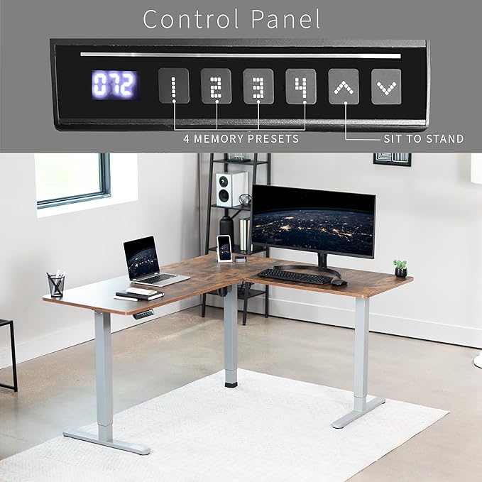 VIVO Electric Corner 63 x 55 inch L-Shaped Standing Desk, Memory Height Adjustment, Rustic Vintage Brown Top Gray Frame, DESK-E3CTGN