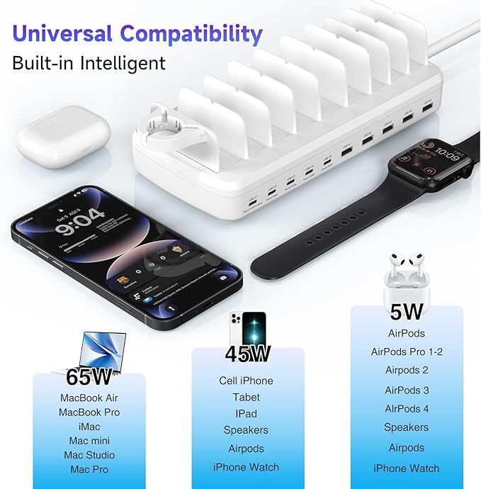 285W Charging Station for Multiple Devices, 10 Ports Fast Multi-Device Charger Organizer Compatible with MacBook Pro Laptop, iPhone, Android, Ipad, Tablet, Kindle, Family Multi-Device Charging Dock