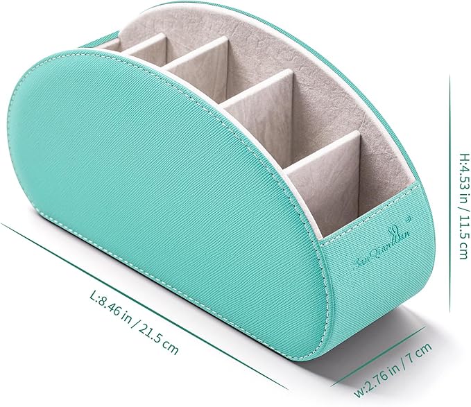 BONNY DODO Remote Control Holders Organizer Box with 5 Compartment PU Leather Multi-functional Office Desk Storage Caddy Store Tv Remote for Media Player,Brush,Pencil,Glassees&Office Supplies (Cyan)