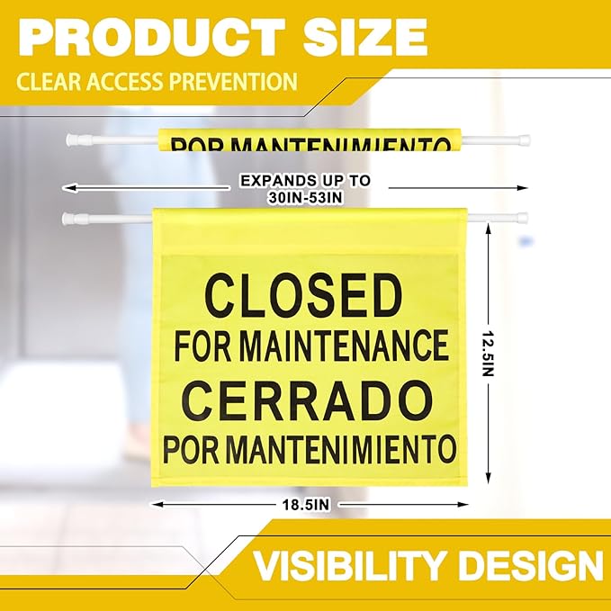 Leinuosen Closed for Maintenance Safety Sign with English and Spanish Text 27.56-51.18 Inch Expandable Yellow Commercial Hanging Doorway Safety Sign Banner for Restroom Office Hotel