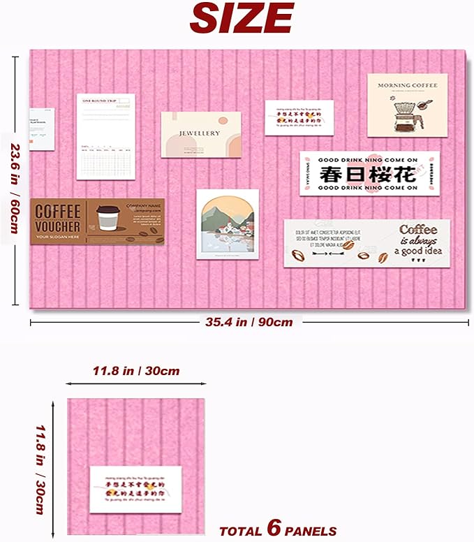 Large Felt Wall Tiles Cork Boards for Office Cubicle, 35"x23.6" Felt Photos Board Bulletin Tiles Pin Board for Walls Home Decor, Noise Reduction Boards Panels for Notes Memos, 6-Pack, Pink