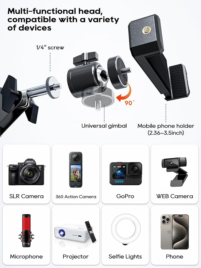 CACENCAN Overhead Camera Mount, 5lb Horizontal Load-Bearing, 360° Adjustable Stand for Desk, Flexible with Phone Clamp, Tabletop Mount for DSLR Camera/Webcam/Microphone