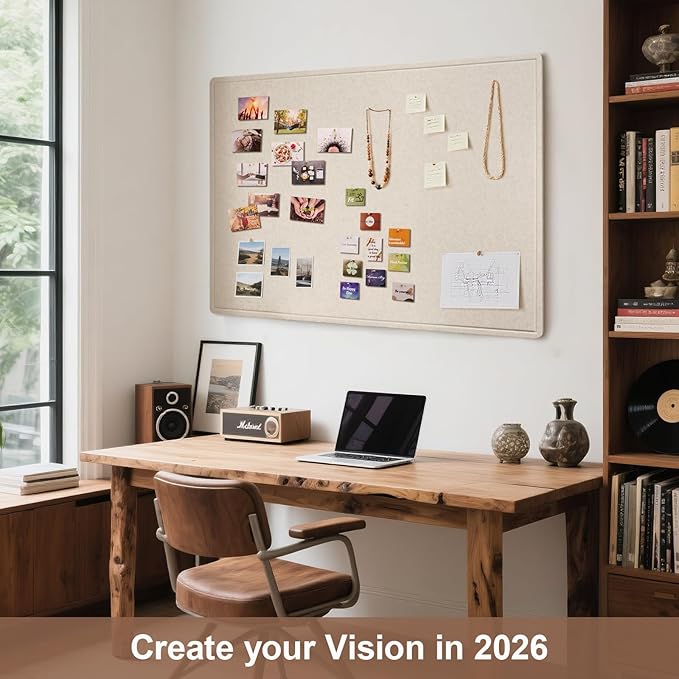 Large Vision Board 48x36, Thicken Felt Pin Board for Living Room or Home Office, Ideal for Family Goals, Photos, Notes with 20 Pushpins and 20 Postcards, Oatmeal