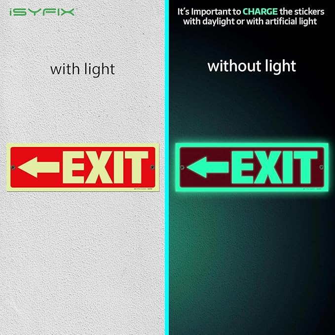 iSYFIX Exit Signs with Directional Left Arrow - 6 Pack 12x4 Inch Glow in the Dark for Business, School, Office, Warehouse - Durable 40 Mil Polystyrene, UV Laminated, Waterproof, Scratch & Fade Resistant