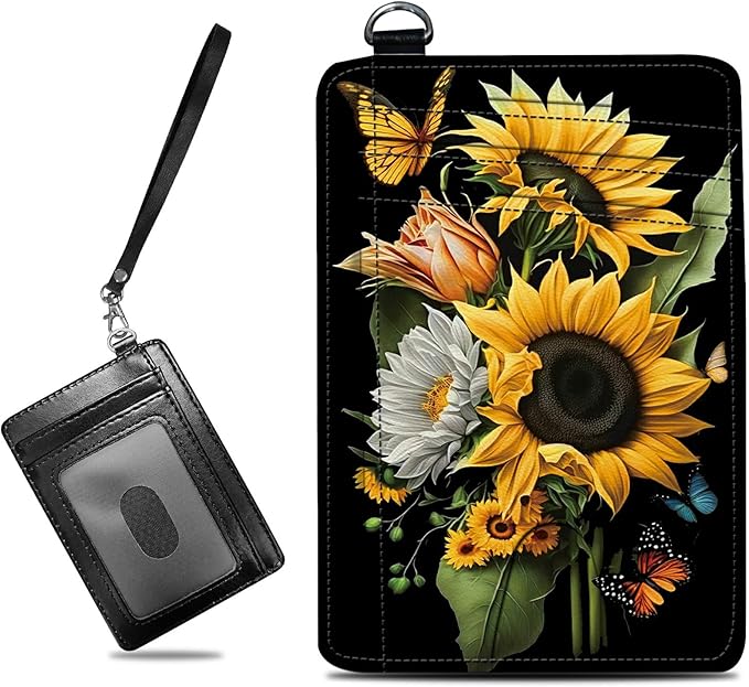 BWEGRHE Small Travel Wallets, Sunflowers Butterfly Slim Minimalist Front Pocket Wallet with Wristlet, RFID Blocking PU Leather Credit Card Holder with ID Window Change Purse for Men Women