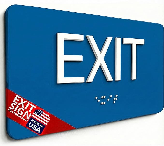 NAP TAGS ADA-compliant Exit Sign (6" x 3"). Features raised text and Braille on a blue background. Durable, easy to install, and perfect for any indoor facility.