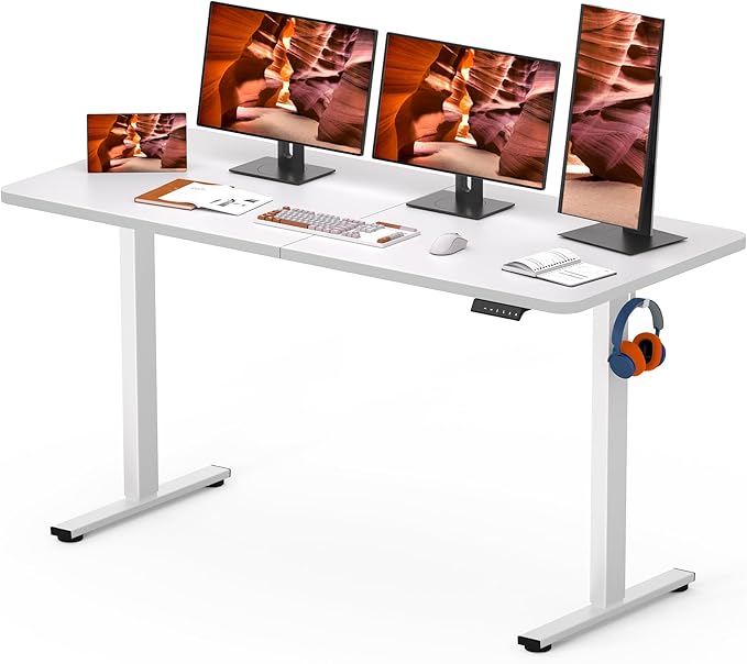 FitStand AdjustableStanding Desk 63 x 24 Inch Home Office Desk with Memory Preset, Computer Workstation Splice White Top Frame