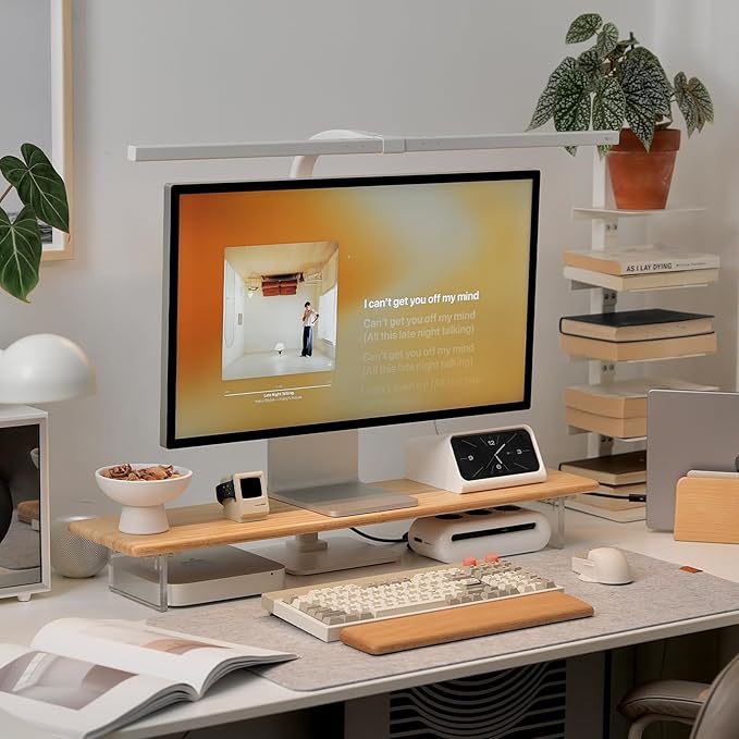 ROCDEER Bamboo Monitor Stand Riser with Acrylic Legs for Desk, 31.5 Inches Desktop Shelf Supports for PC Computer Monitor, Laptops, Printer, Speakers (Natural)