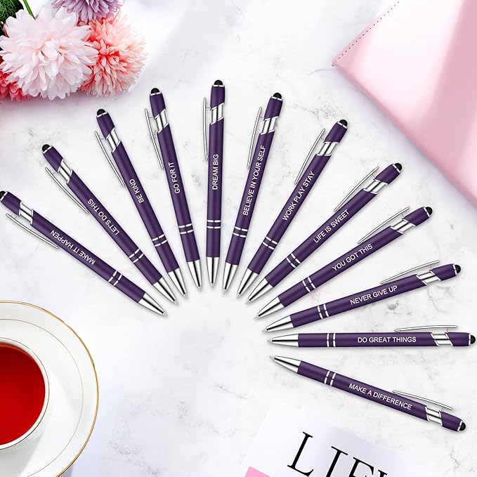 Zonon 12 Pcs Inspirational Pens Bulk Funny Ballpoint Pen with Stylus Tip Motivational Gifts for Valentine's Day Teacher Coworkers Nurse School Office Supplies(Dark Purple,Motivational Style)