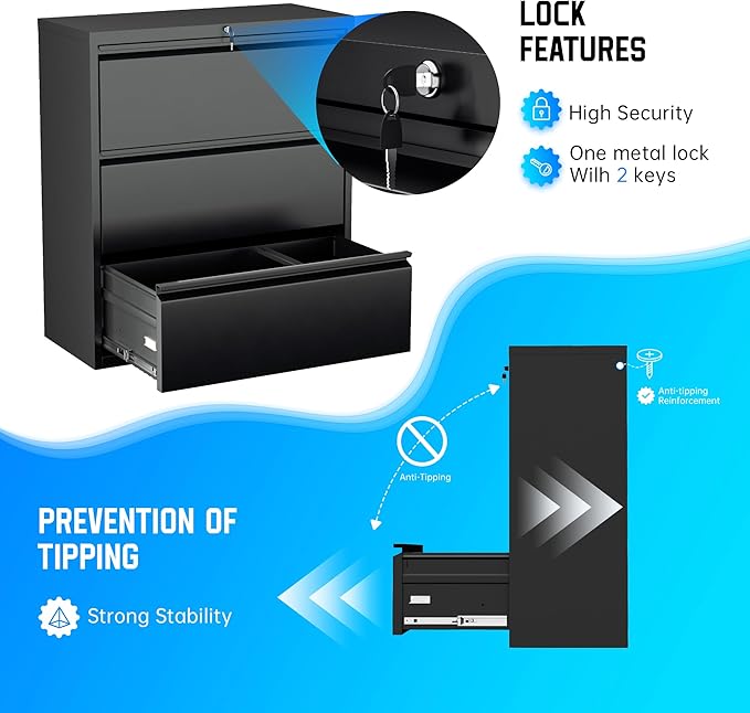 Greenvelly 3 Drawer File Cabinet, Metal Filing Cabinet with Lock, Black Lateral File Cabinet for Home Office, Locking File Cabinet for Letter/Legal/F4/A4 Size Hanging Files, Easy Assembly